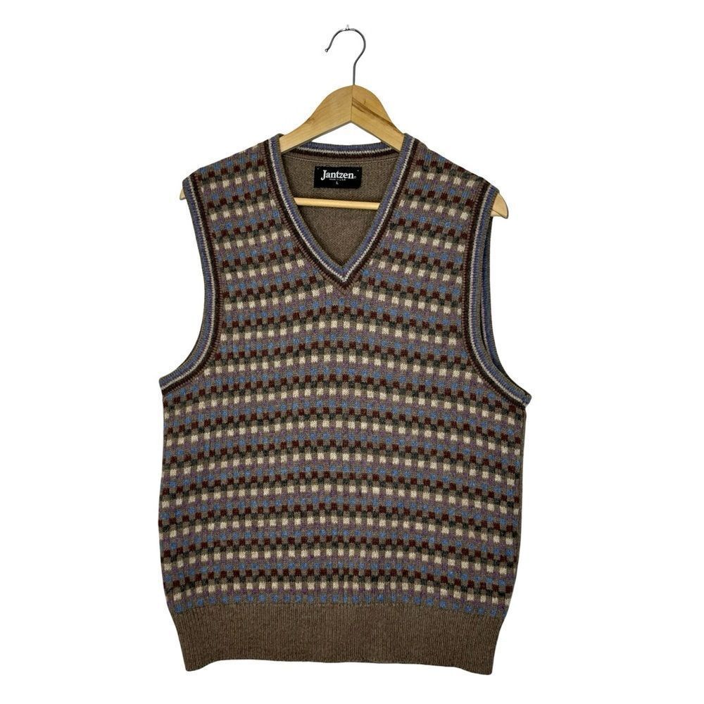 JANTZEN Wool Blend Brown Patterned Sweater Vest Size Large